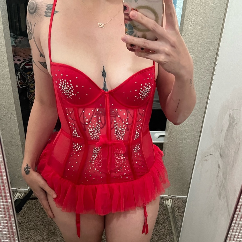 Victoria’s Secret red corset top with garter attachments, 34B